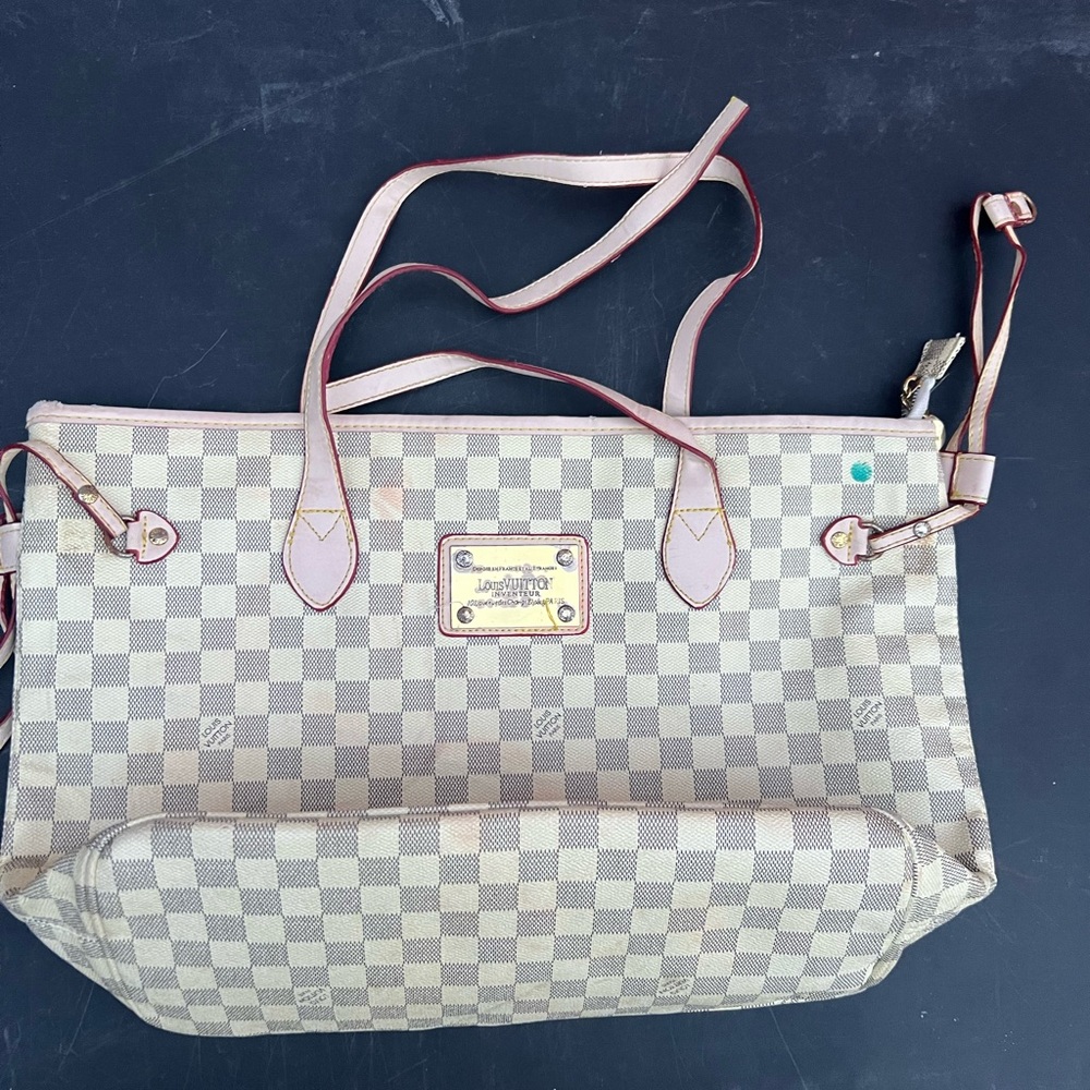 Designer Cream Checkered Tote Bag with Pink Leather Trim